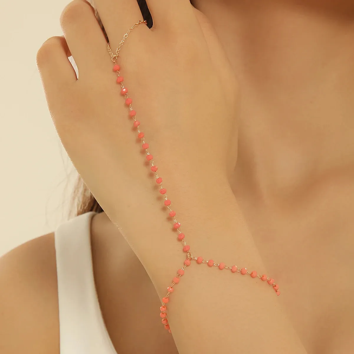 Colorful Zircon Crystal Link Chain Wrist Bracelet For Women Finger Ring Bracelets Trend Statement Jewelry