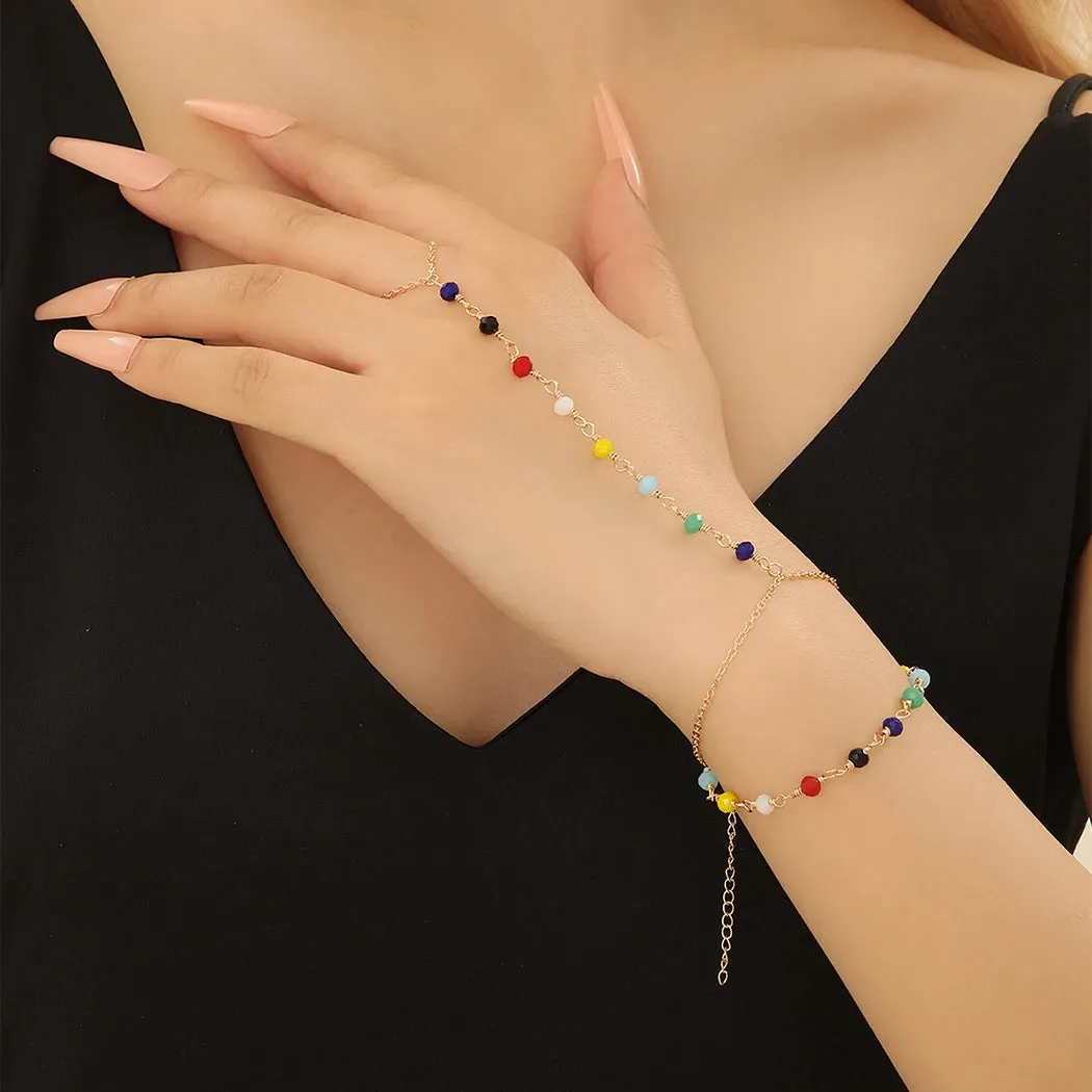 Colorful Zircon Crystal Link Chain Wrist Bracelet For Women Finger Ring Bracelets Trend Statement Jewelry