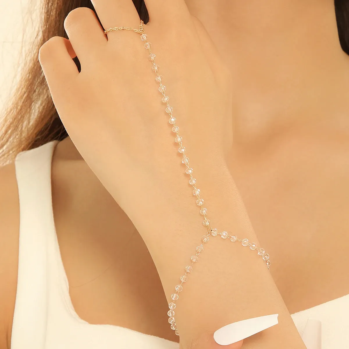 Colorful Zircon Crystal Link Chain Wrist Bracelet For Women Finger Ring Bracelets Trend Statement Jewelry