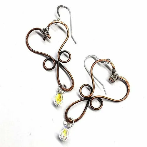 Copper Heart Crystal Teardrop Earrings - Handmade Montana Jewelry with Swarovski Crystals