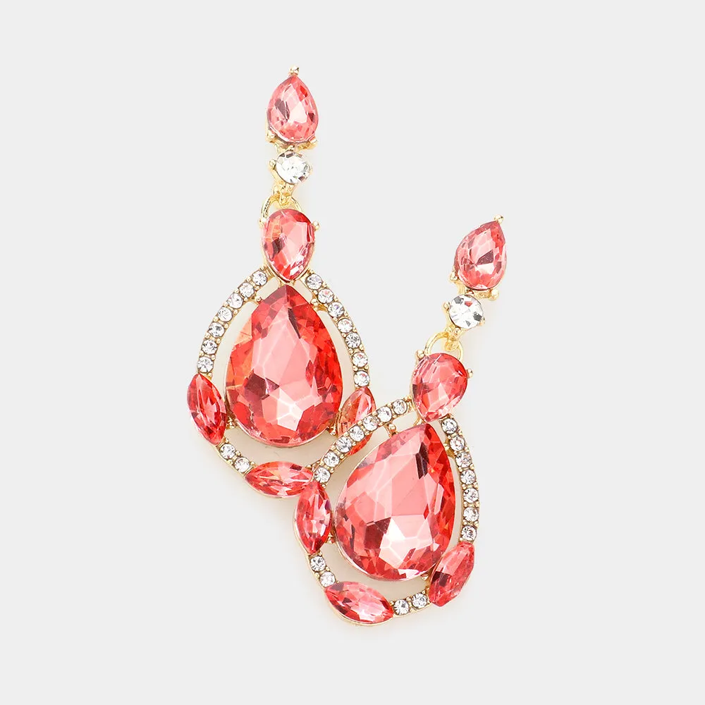 Coral Crystal and Rhinestone Teardrop Pageant Earrings | Prom Earrings | 590451