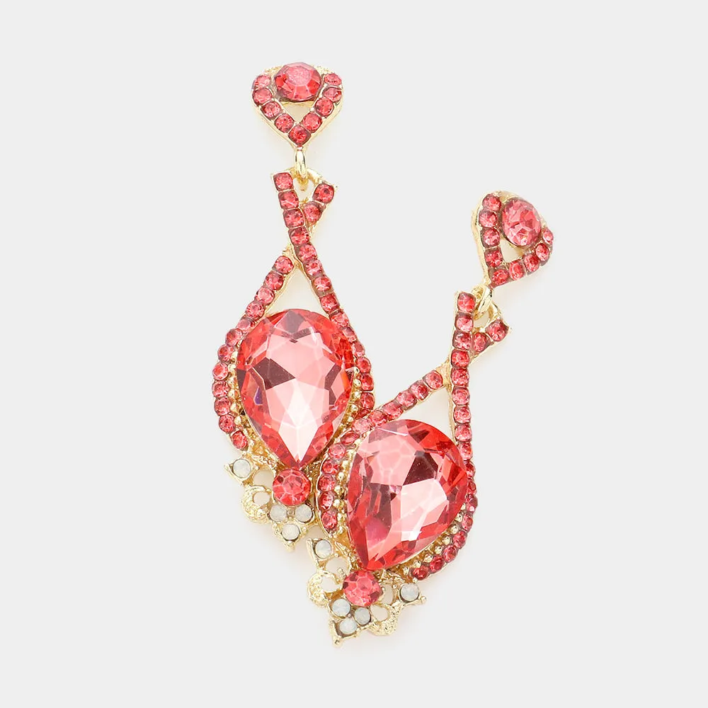 Coral Crystal Rhinestone and Teardrop Pageant Earrings | Prom Earrings |  590518