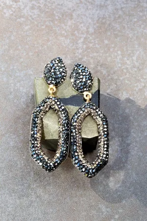 Cosmo Oblong Hexagon Gold and Grey Swarovski Crystal Earrings