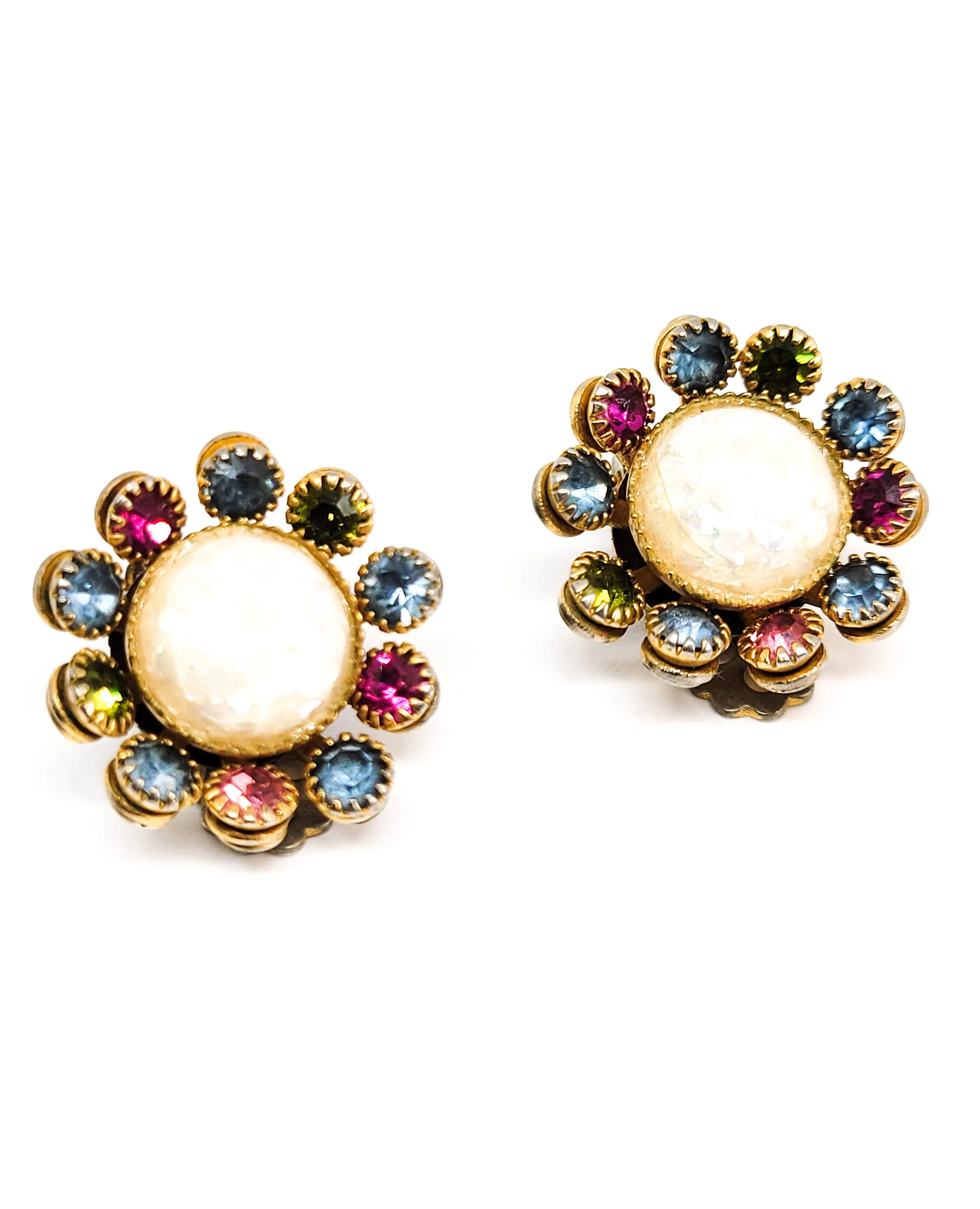 Crackle glass white cab rainbow fruit salad flower vintage rhinestone clip on earrings mid century