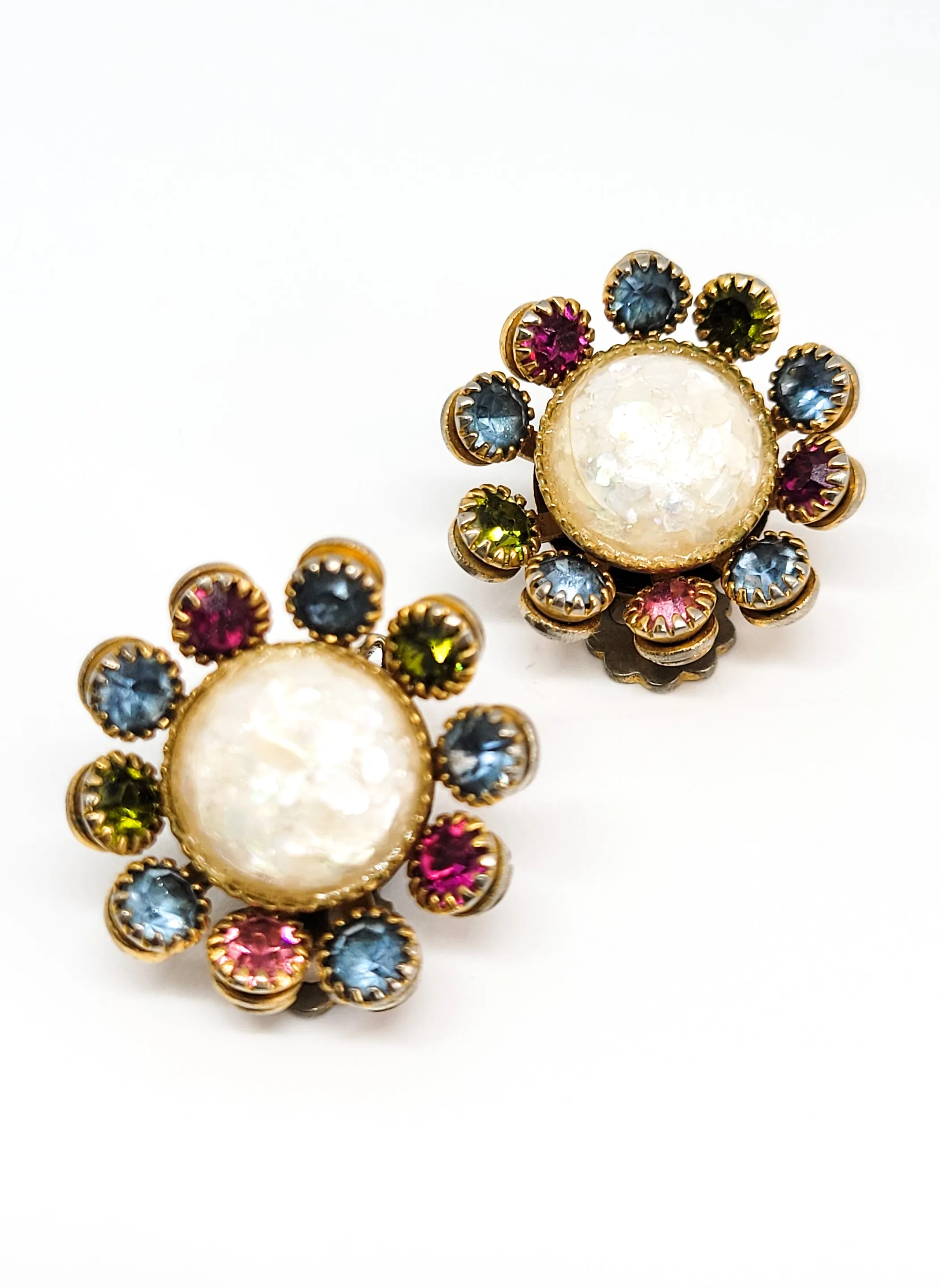 Crackle glass white cab rainbow fruit salad flower vintage rhinestone clip on earrings mid century
