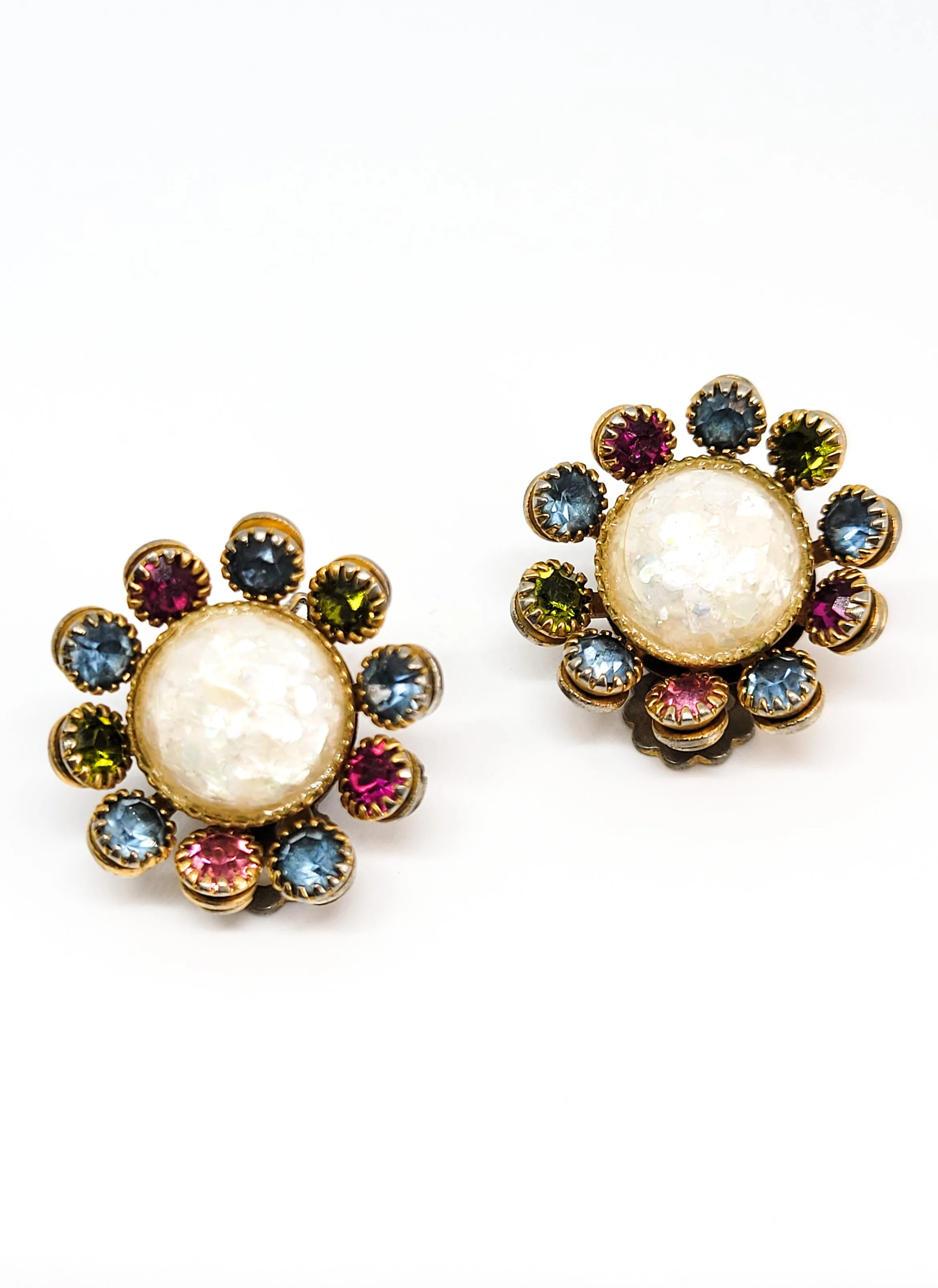 Crackle glass white cab rainbow fruit salad flower vintage rhinestone clip on earrings mid century