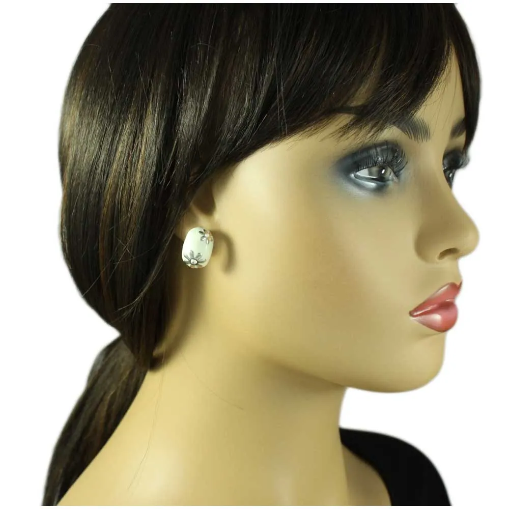 Cream Enamel with Silver Flowers Clip Earring - REE137C
