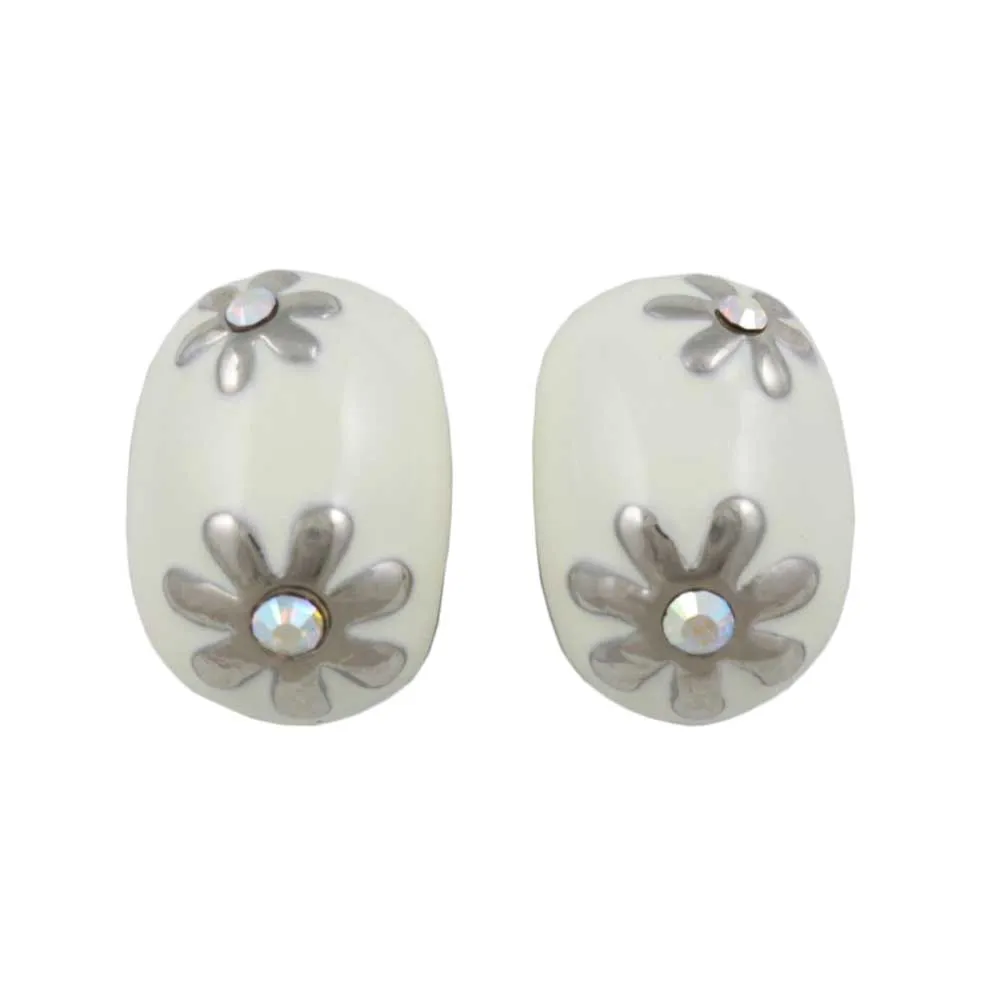 Cream Enamel with Silver Flowers Clip Earring - REE137C