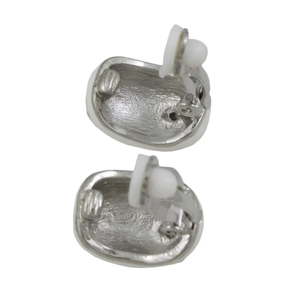 Cream Enamel with Silver Flowers Clip Earring - REE137C