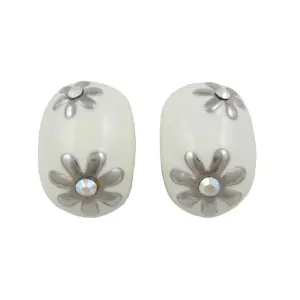 Cream Enamel with Silver Flowers Clip Earring - REE137C