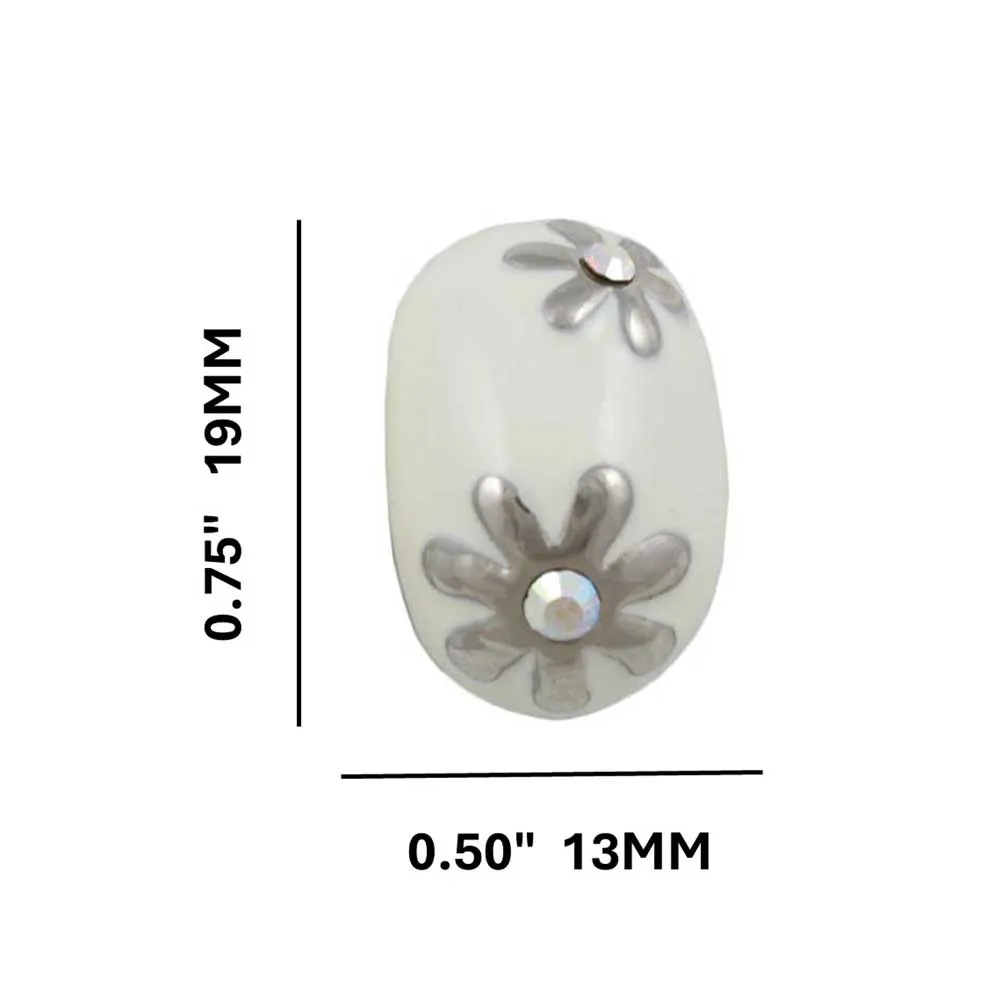 Cream Enamel with Silver Flowers Clip Earring - REE137C
