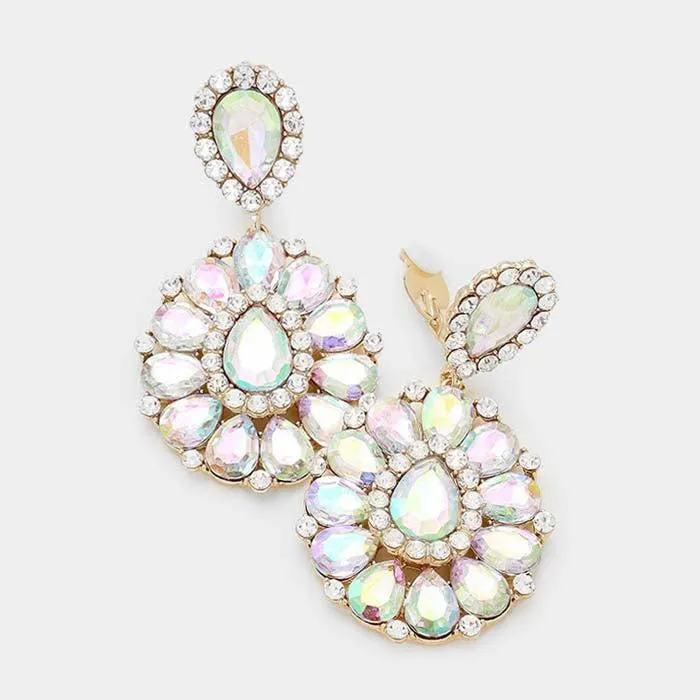 Crystal Abalone Teardrop Cluster Statement Clip on Earrings