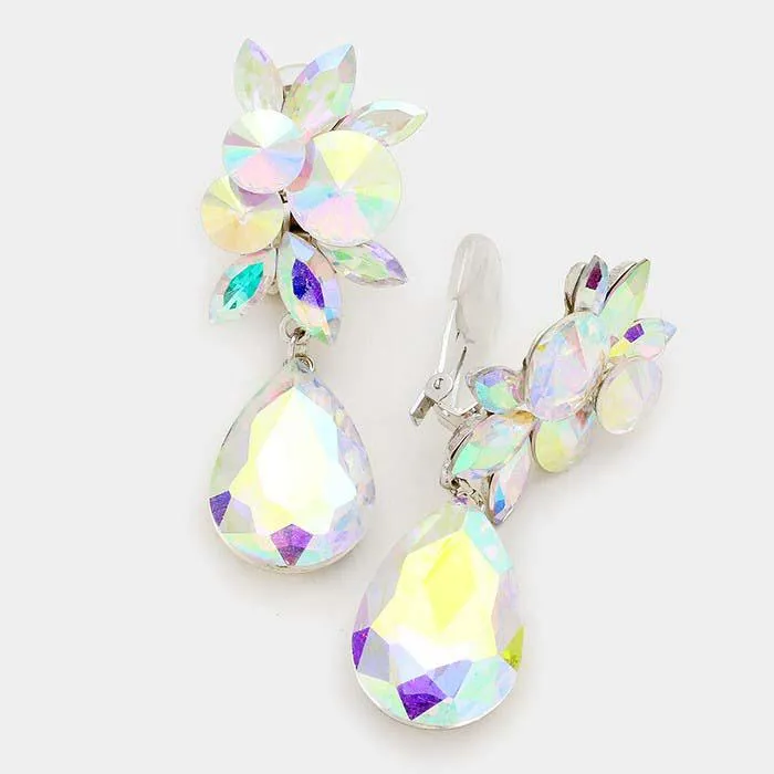 Crystal Abalone Teardrop Silver Clip On Earrings