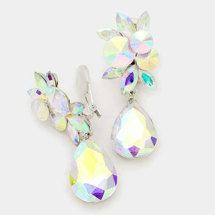 Crystal Abalone Teardrop Silver Clip On Earrings