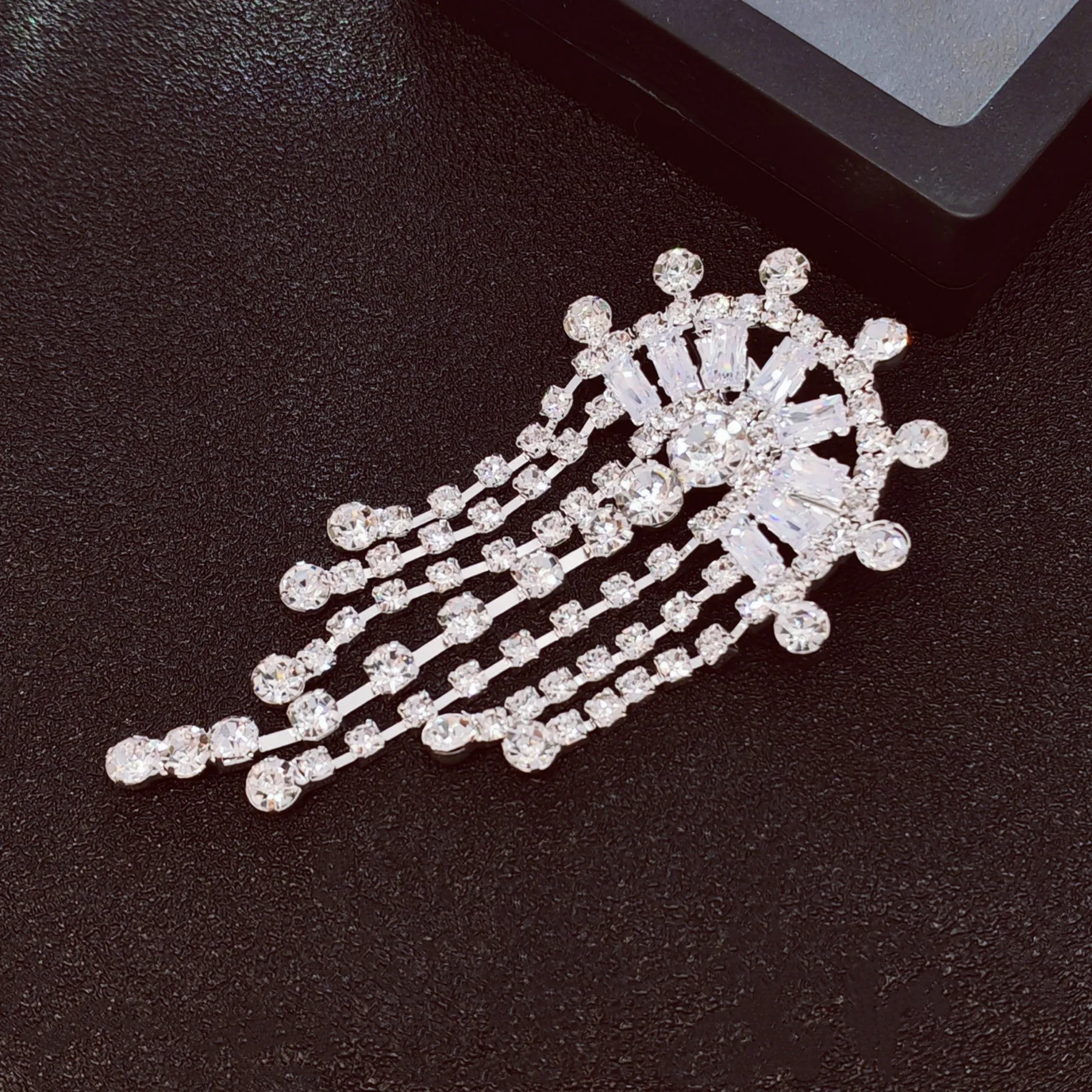 Crystal Chandelier Brooch Pin, Semi-Circular Design with Dangling Chains, Silver