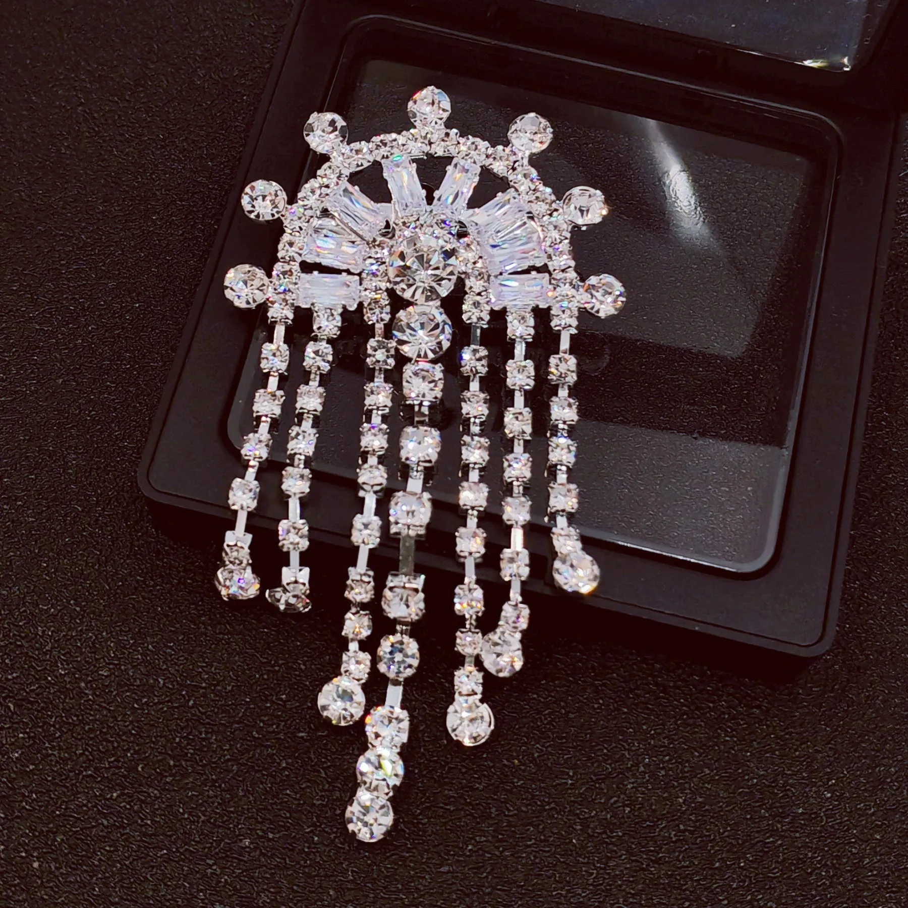 Crystal Chandelier Brooch Pin, Semi-Circular Design with Dangling Chains, Silver