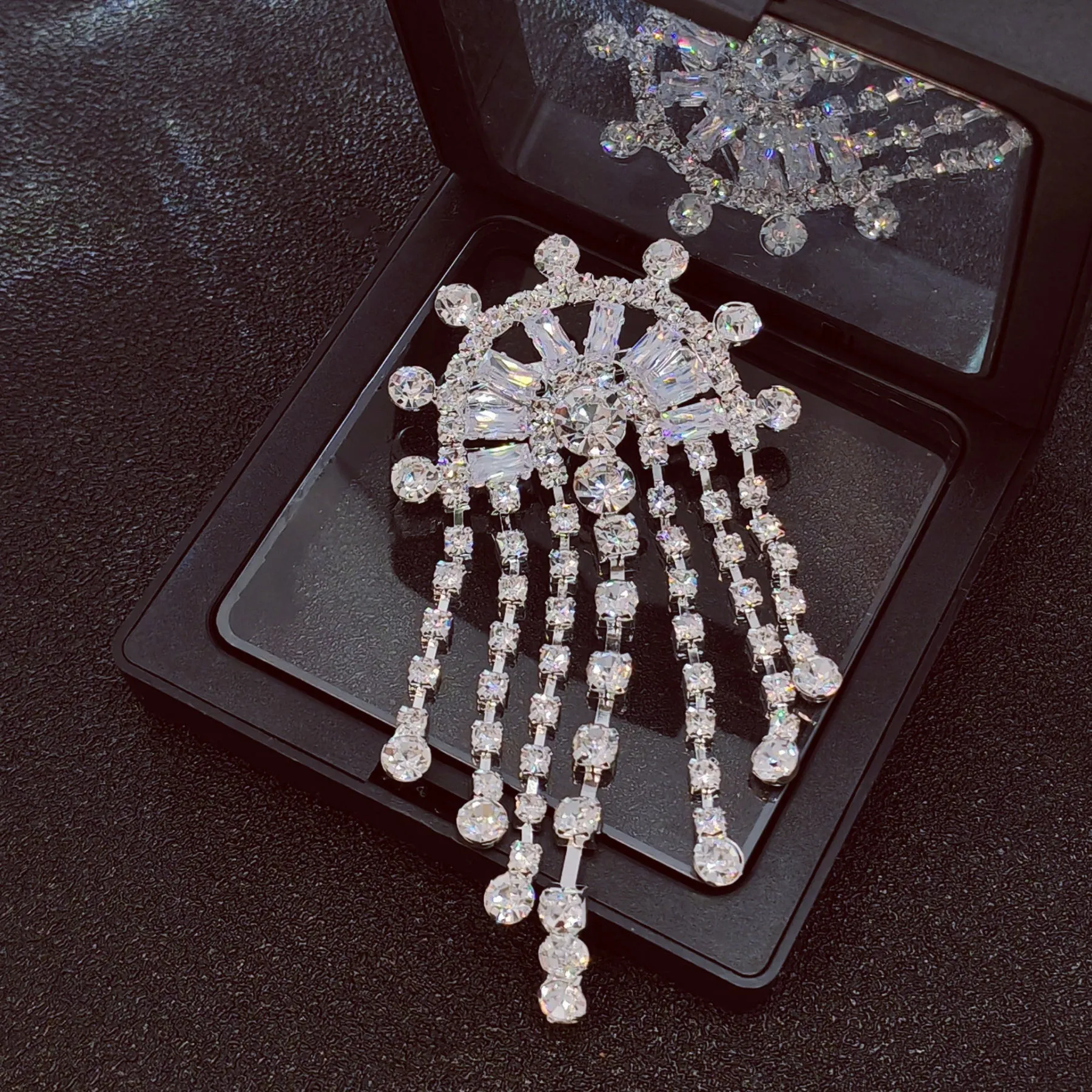 Crystal Chandelier Brooch Pin, Semi-Circular Design with Dangling Chains, Silver