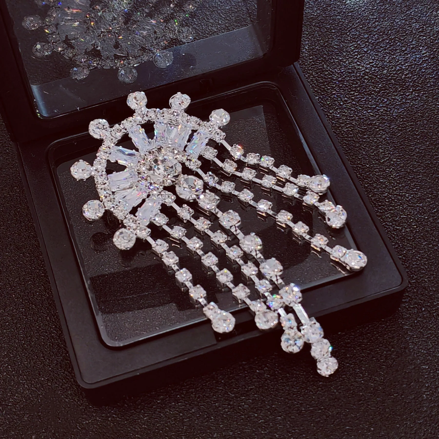 Crystal Chandelier Brooch Pin, Semi-Circular Design with Dangling Chains, Silver