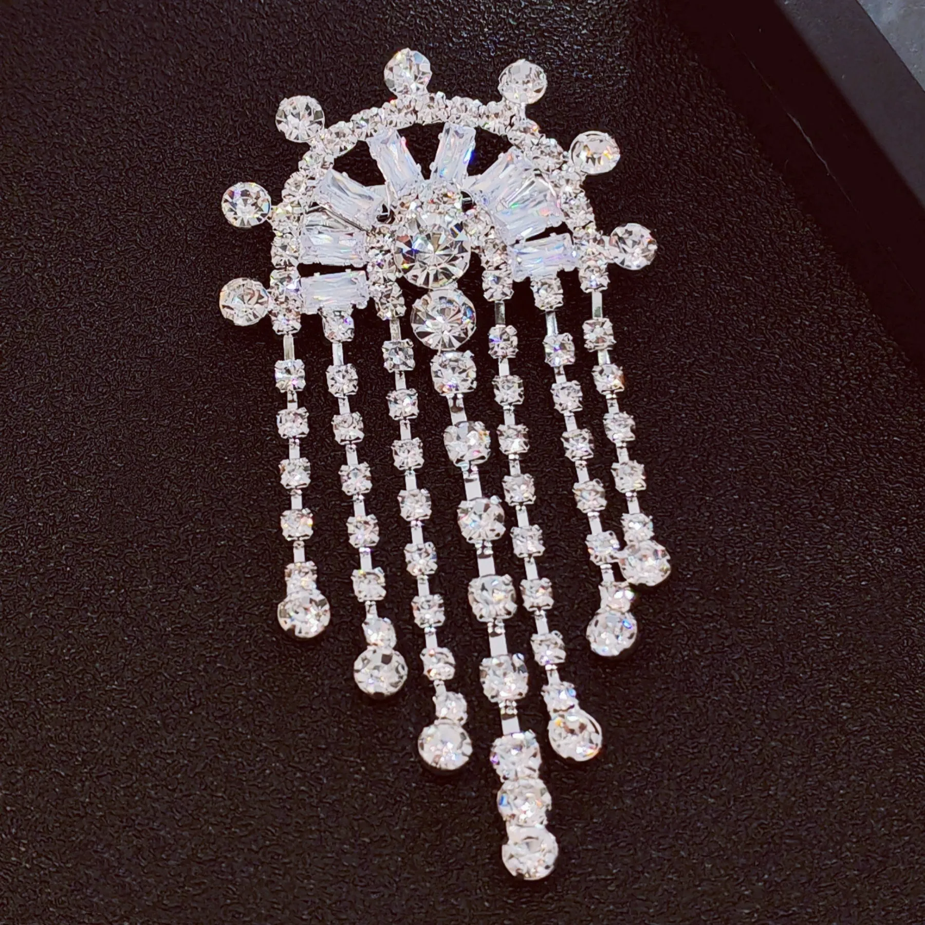Crystal Chandelier Brooch Pin, Semi-Circular Design with Dangling Chains, Silver
