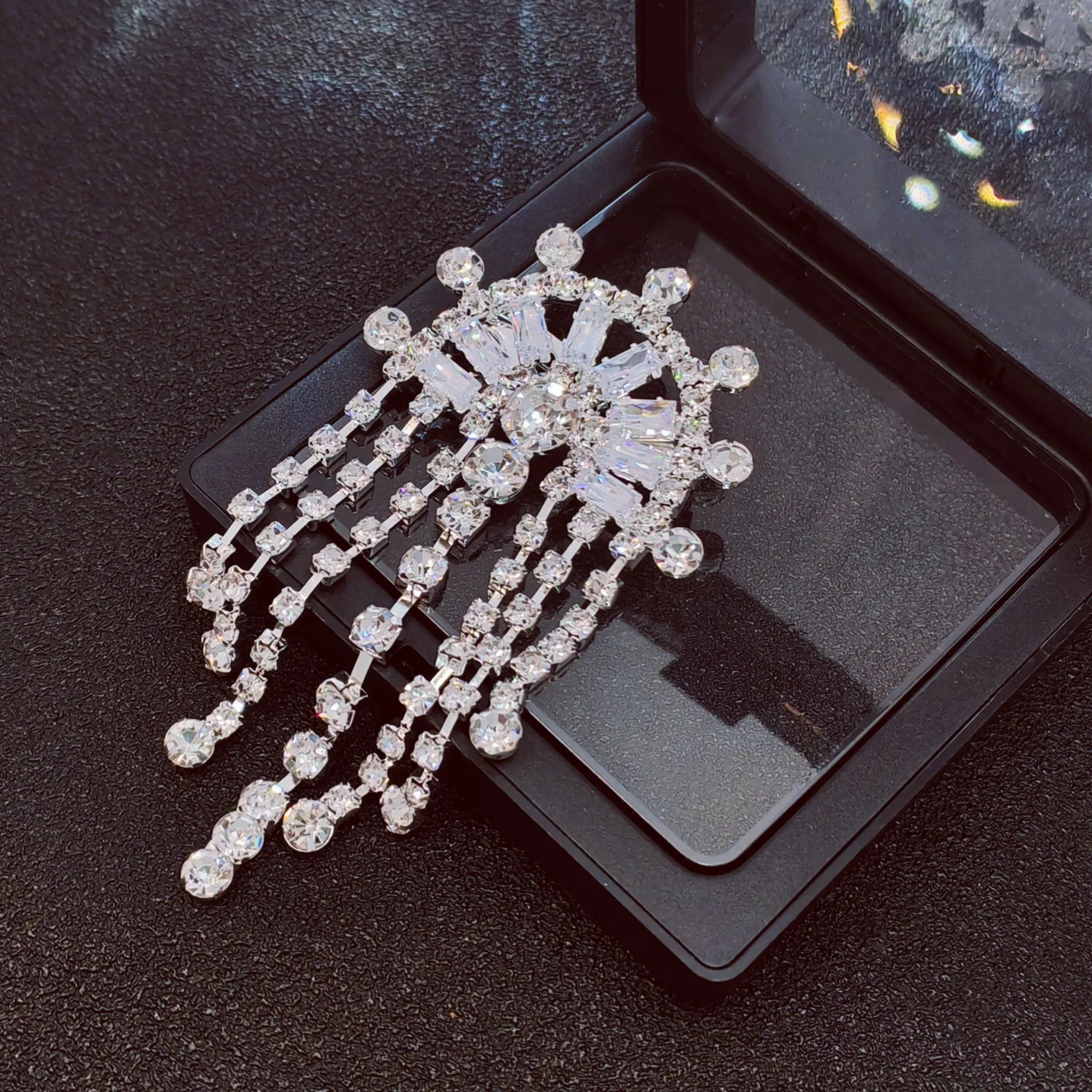 Crystal Chandelier Brooch Pin, Semi-Circular Design with Dangling Chains, Silver