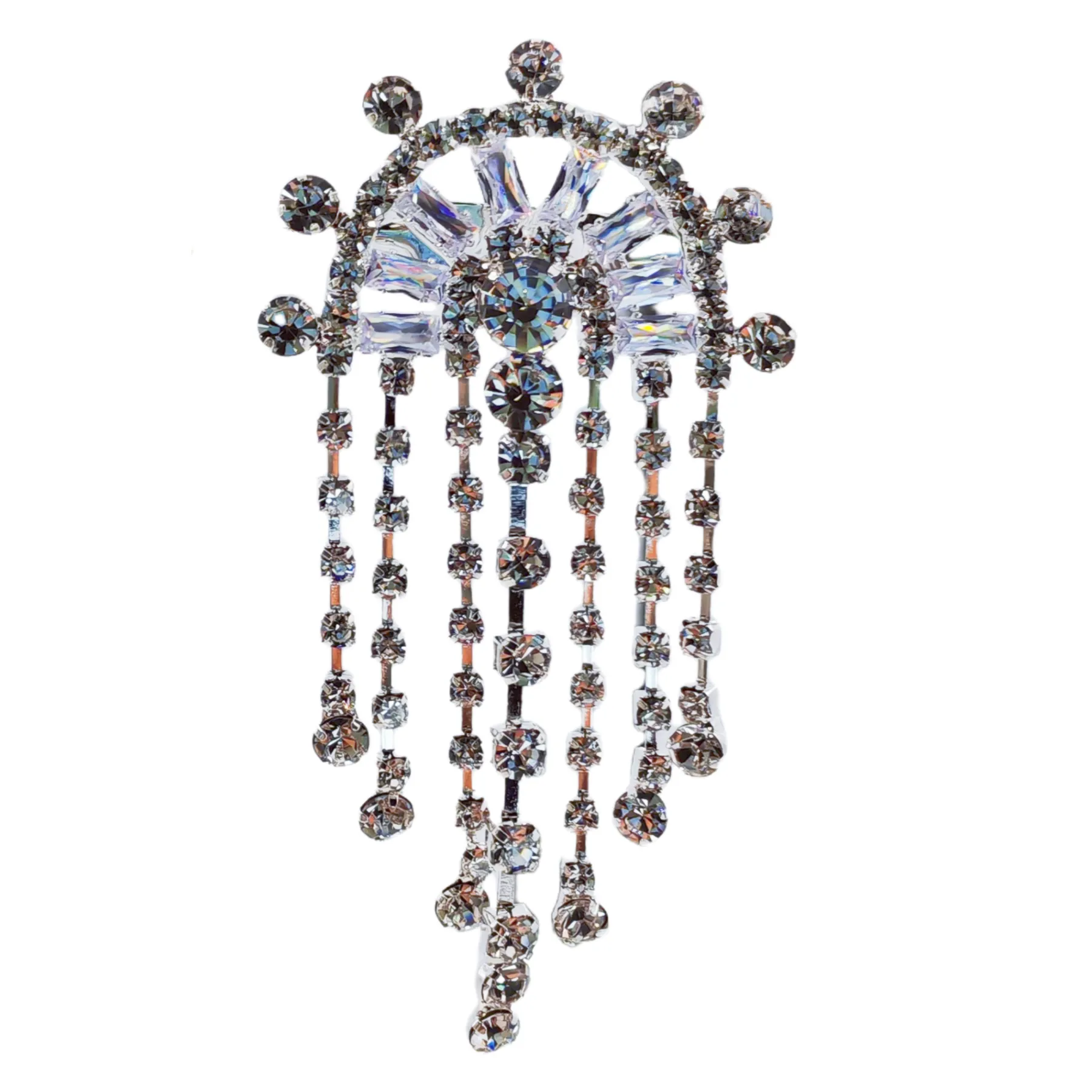 Crystal Chandelier Brooch Pin, Semi-Circular Design with Dangling Chains, Silver