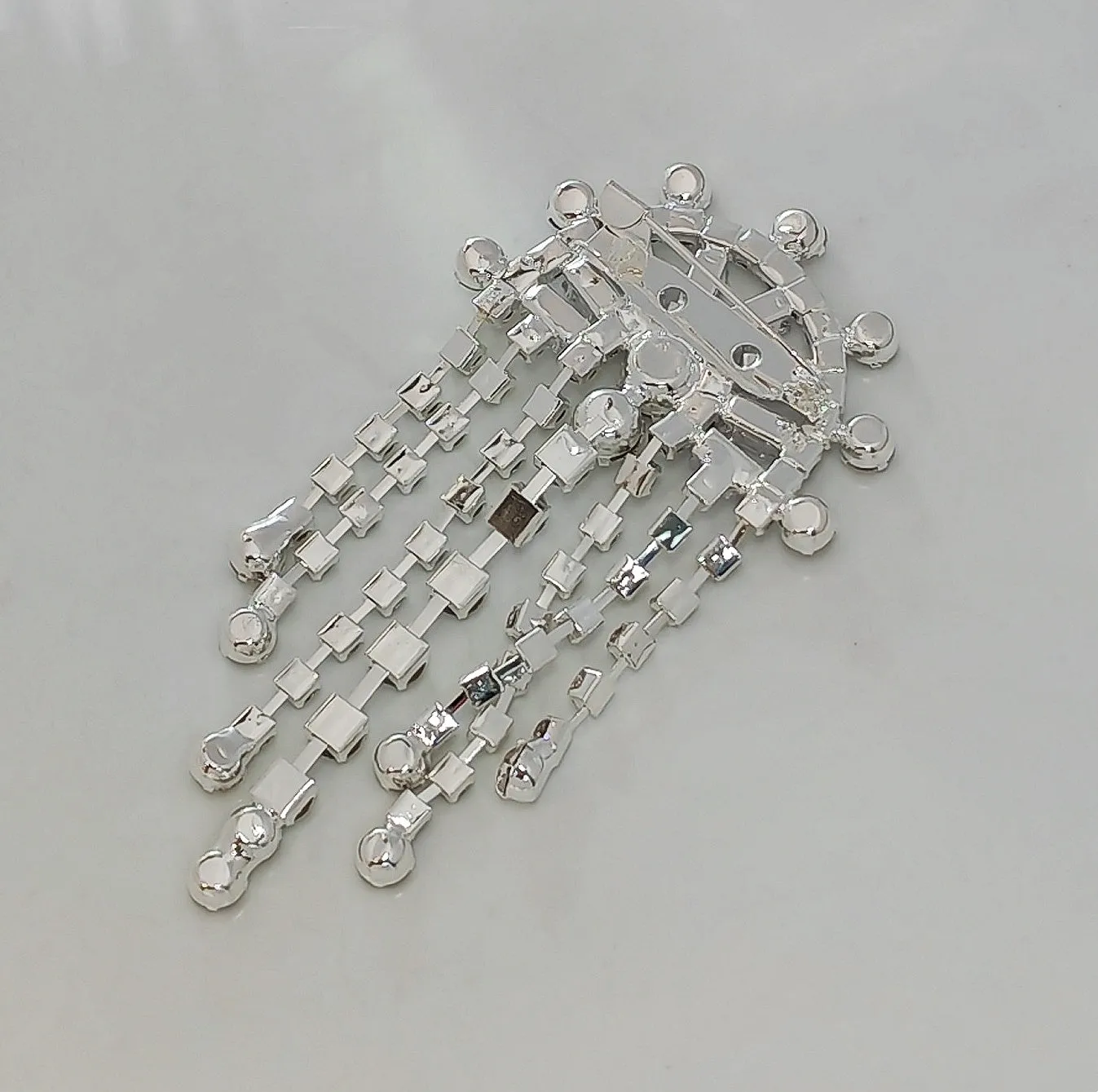 Crystal Chandelier Brooch Pin, Semi-Circular Design with Dangling Chains, Silver