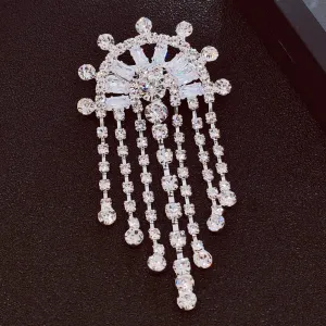 Crystal Chandelier Brooch Pin, Semi-Circular Design with Dangling Chains, Silver