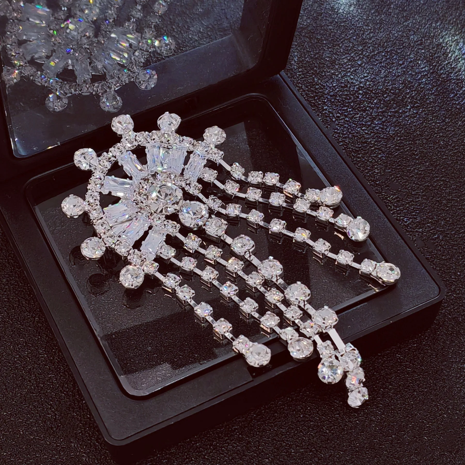 Crystal Chandelier Brooch Pin, Semi-Circular Design with Dangling Chains, Silver