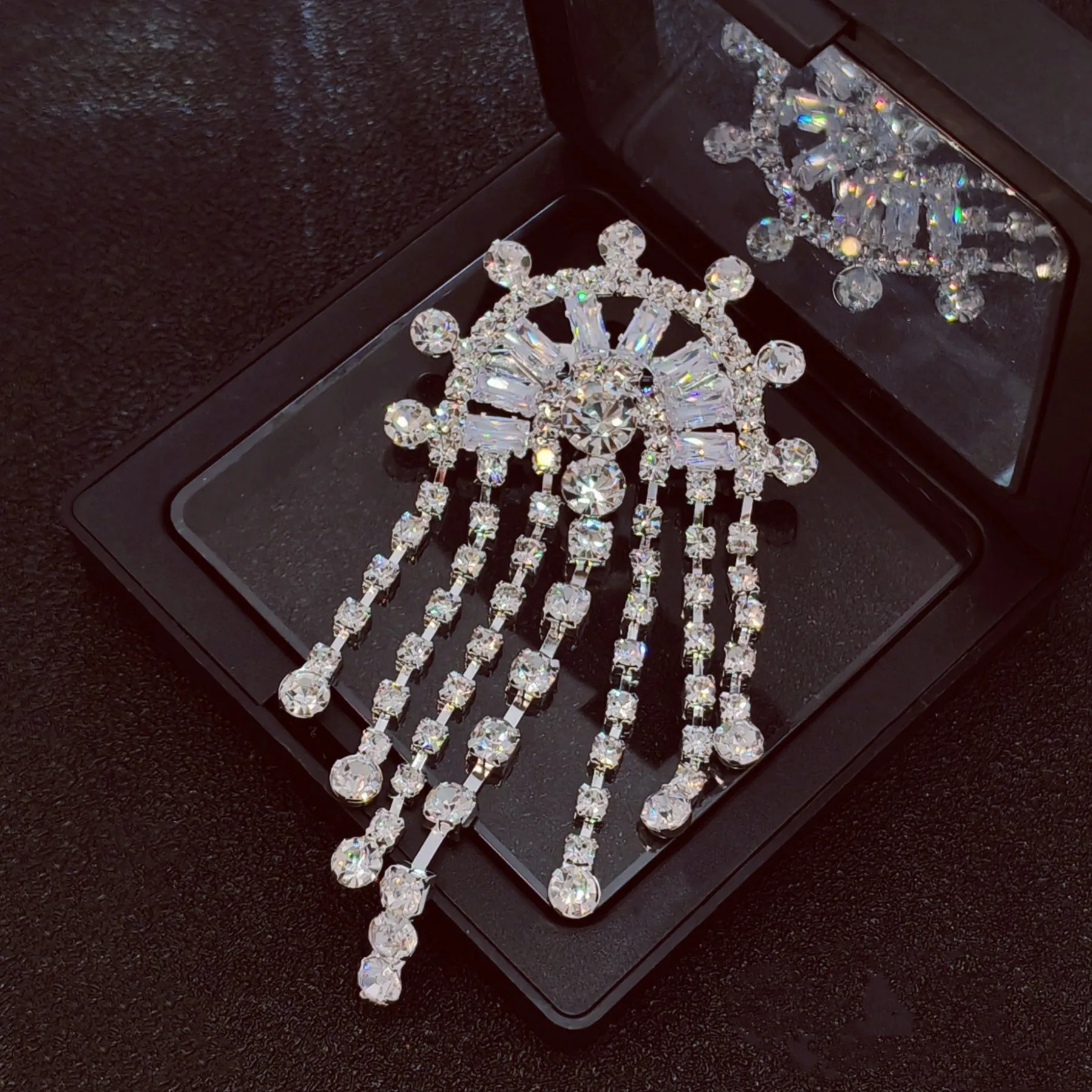 Crystal Chandelier Brooch Pin, Semi-Circular Design with Dangling Chains, Silver