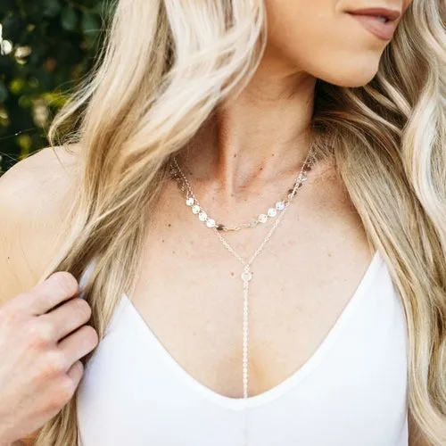 Crystal Double Layered Lariat Necklace - High-Quality Zinc Alloy, 6.25" Pendant, 15.75" Neck Length