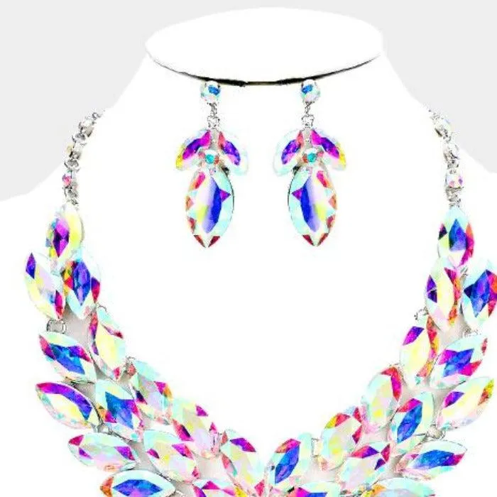 Crystal Marquise Abalone Cluster Vine Silver Necklace Set