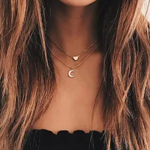 Crystal Moon and Heart Pendant Two Layer Necklace