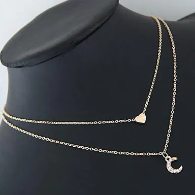 Crystal Moon and Heart Pendant Two Layer Necklace