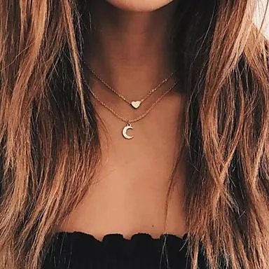 Crystal Moon and Heart Pendant Two Layer Necklace