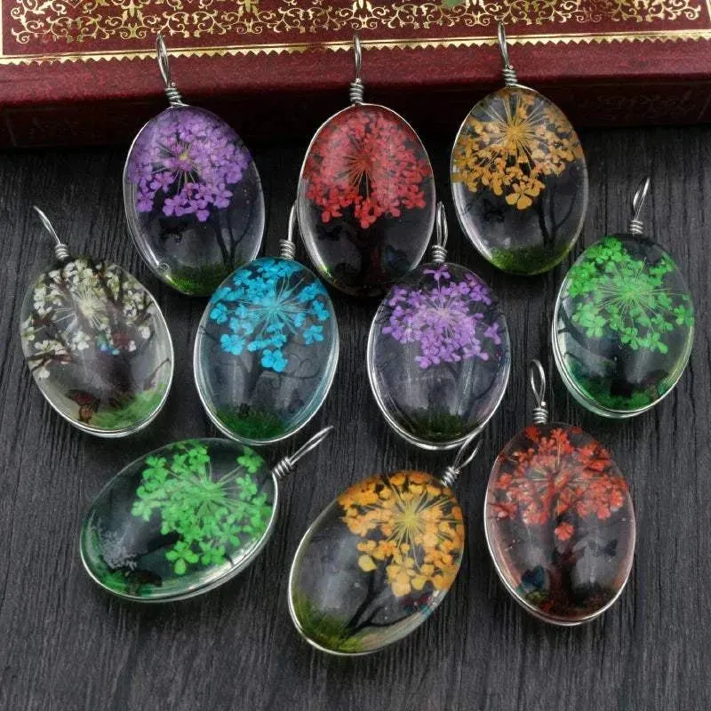 Crystal Oval Glass Flower Necklace Pendant Necklaces for Women 5 piece