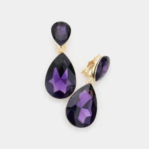 Crystal Purple Double Teardrop Clip On Evening Earrings