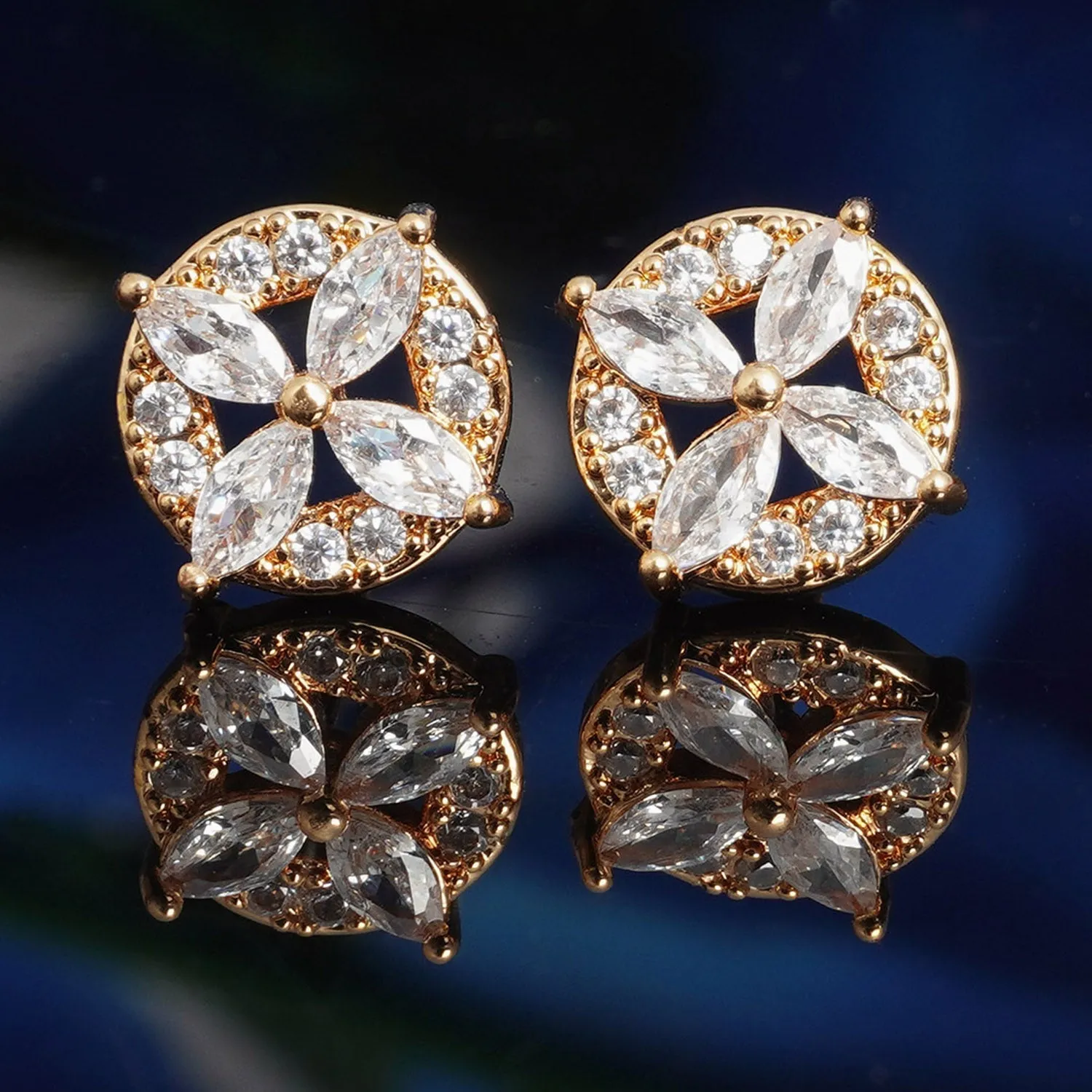 Crystal Studded Gold Flower Studs