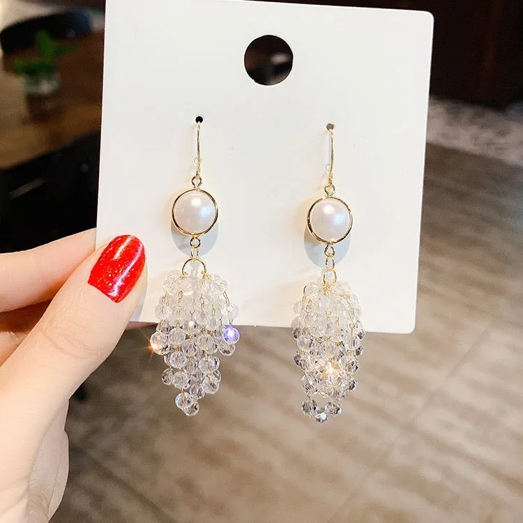 Crystal Tassel Earrings with Multi-Layer Design - Pearl, Crystal, Alloy, 925 Silver - 7.7cm Length - Lightweight