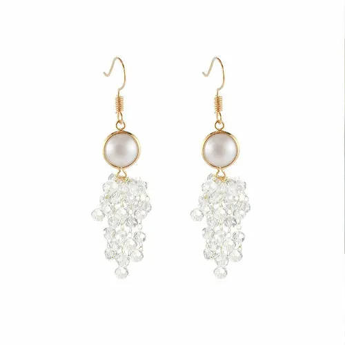 Crystal Tassel Earrings with Multi-Layer Design - Pearl, Crystal, Alloy, 925 Silver - 7.7cm Length - Lightweight