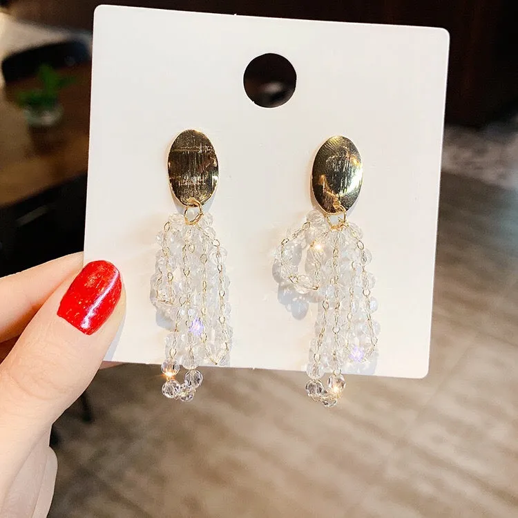 Crystal Tassel Earrings with Multi-Layer Design - Pearl, Crystal, Alloy, 925 Silver - 7.7cm Length - Lightweight