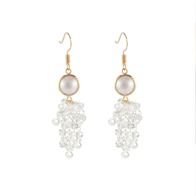 Crystal Tassel Earrings with Multi-Layer Design - Pearl, Crystal, Alloy, 925 Silver - 7.7cm Length - Lightweight