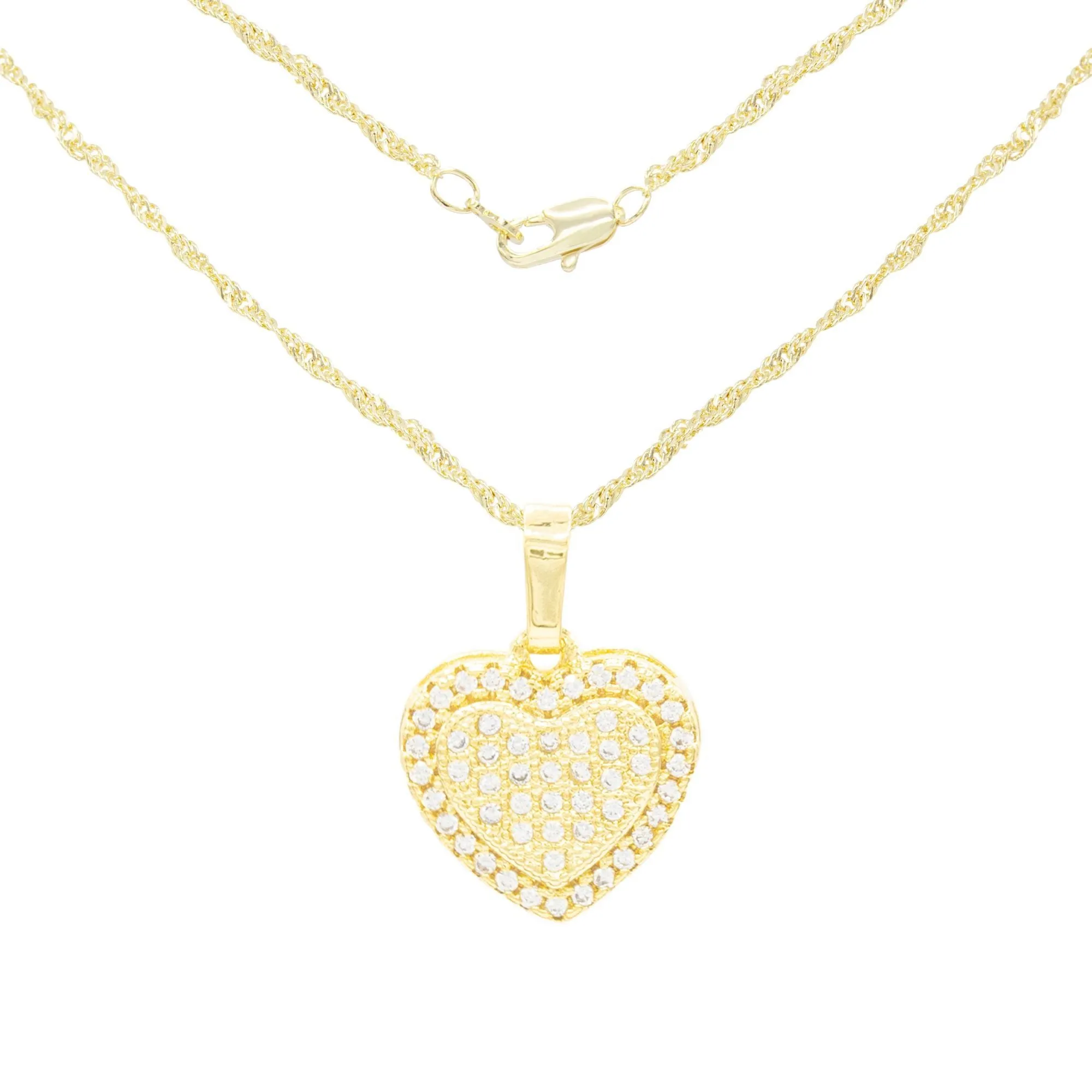 Cubic Zirconia 14K Gold Filled Dual Heart Pendant Necklace Set