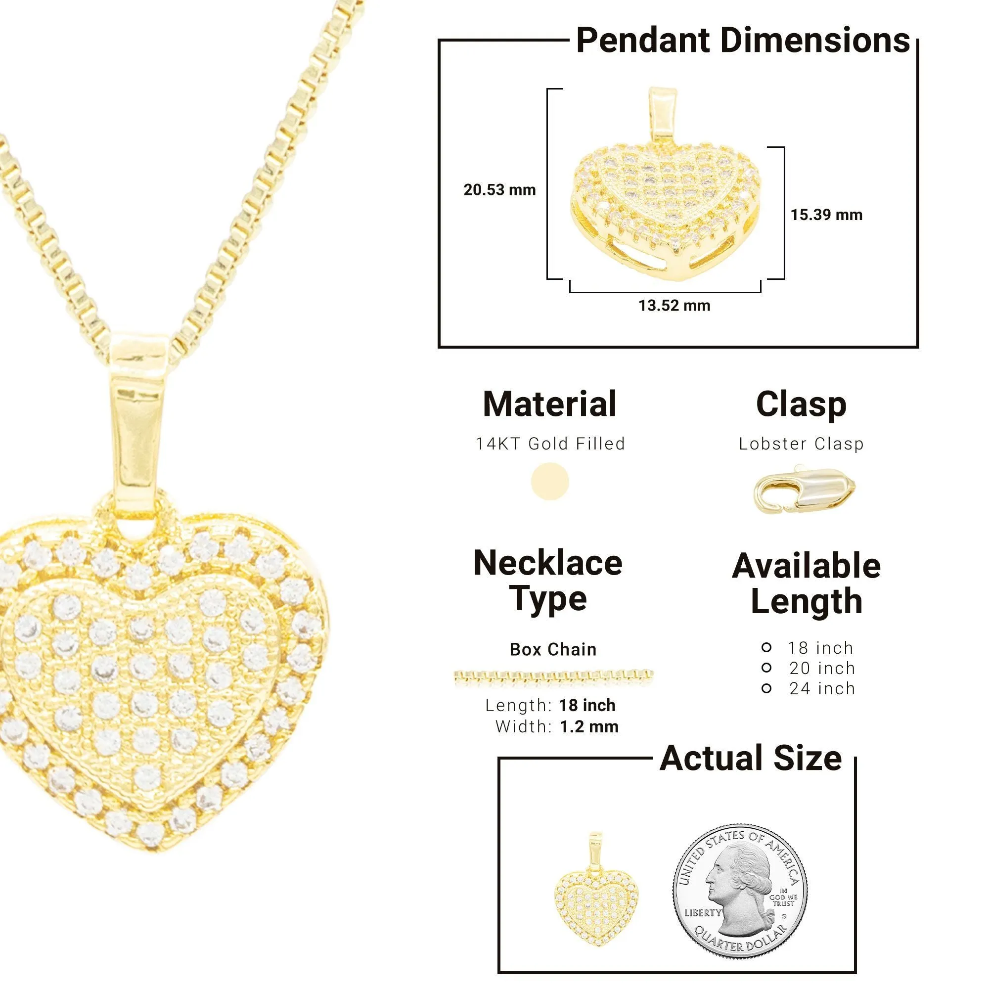 Cubic Zirconia 14K Gold Filled Dual Heart Pendant Necklace Set