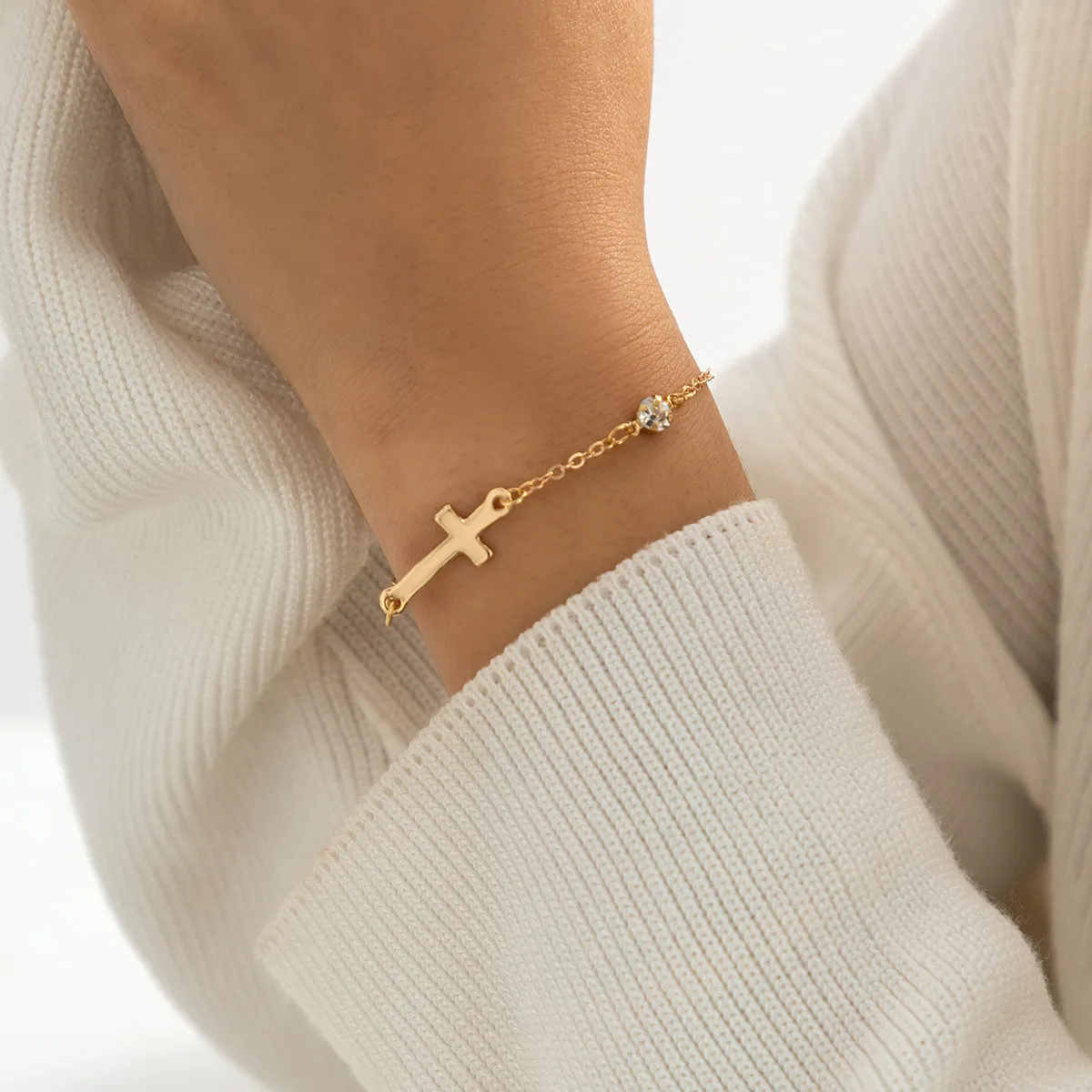 Cubic Zirconia & 18K Gold-Plated Cross Charm Bracelet
