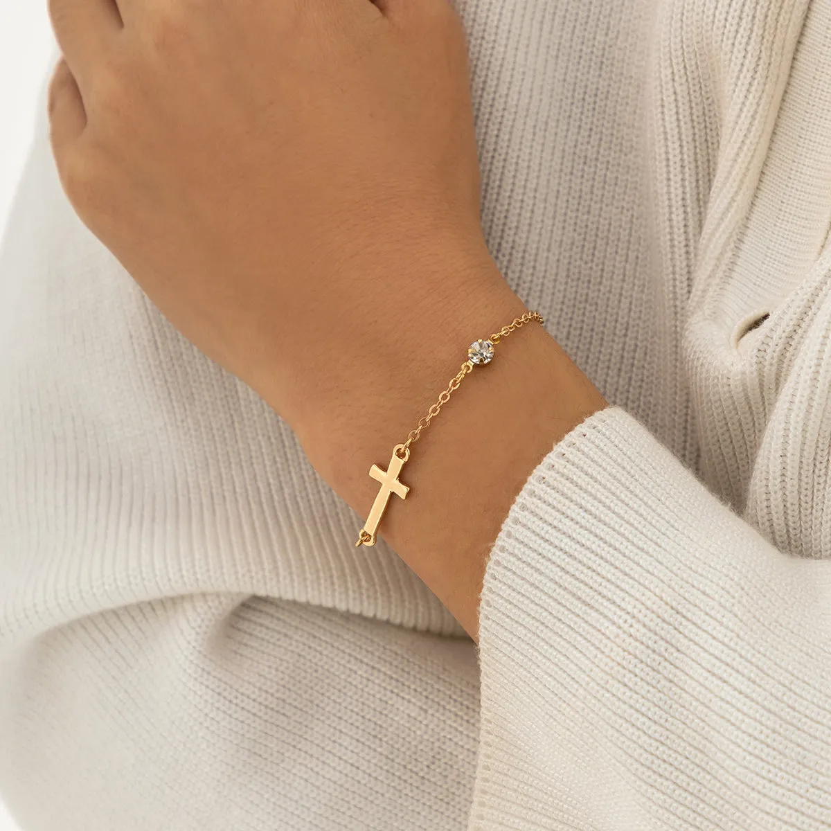 Cubic Zirconia & 18K Gold-Plated Cross Charm Bracelet