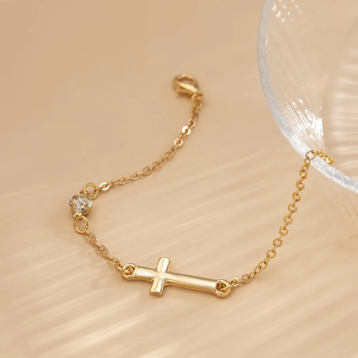 Cubic Zirconia & 18K Gold-Plated Cross Charm Bracelet