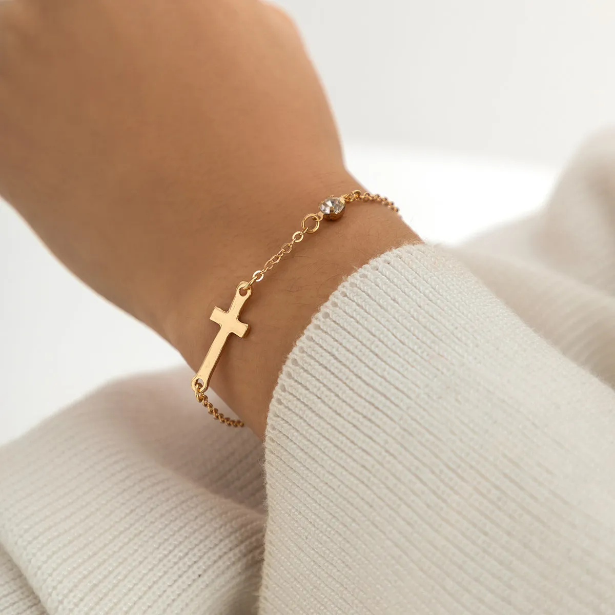 Cubic Zirconia & 18K Gold-Plated Cross Charm Bracelet