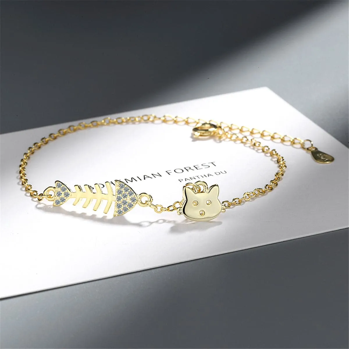 Cubic Zirconia & 18K Gold-Plated Fishbone & Cat Charm Bracelet