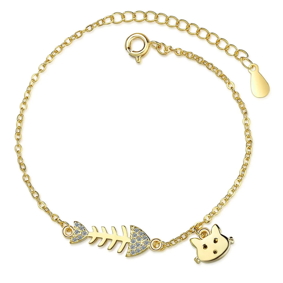 Cubic Zirconia & 18K Gold-Plated Fishbone & Cat Charm Bracelet