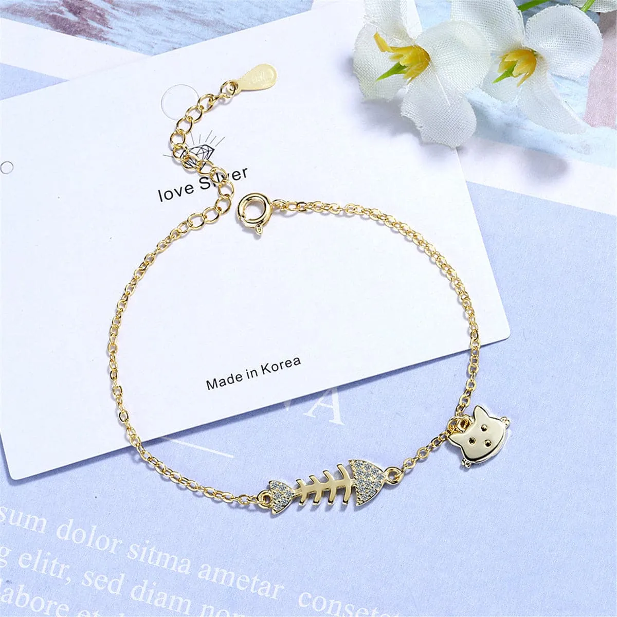 Cubic Zirconia & 18K Gold-Plated Fishbone & Cat Charm Bracelet